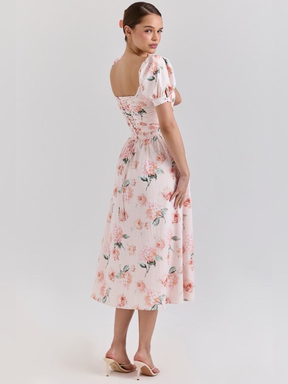 House of CB LULABELL Peach Floral Cotton Puff Sleeve Midi Dress NWT - Picture 4 of 9